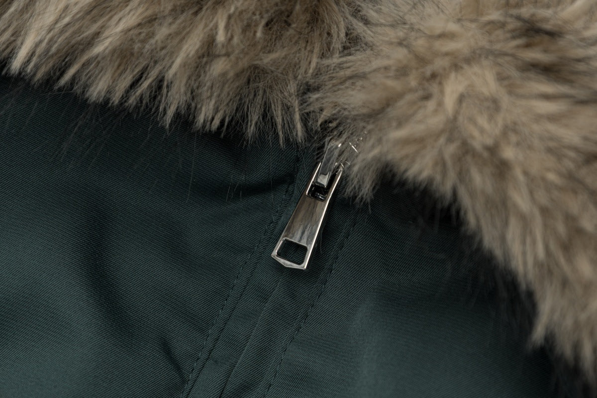 Herren-Schwarze-Pufferjacke mit Fellkragen – Bomberjacke mit Schmetterlingsstickerei