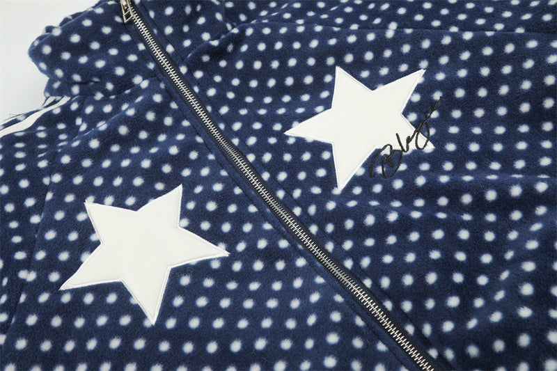 Padded Jacket for Men – Navy Polka Dot Star Patch Track Jacket with Stripe