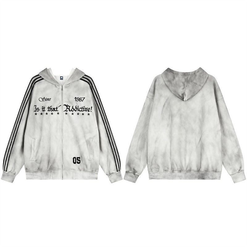 Distressed Tie-Dye Zip-Up Hoodie with Stripe Sleeves & Gothic Letter Graphic