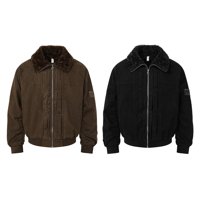 Retro Washed Cotton Bomber Jacket with Sherpa Collar