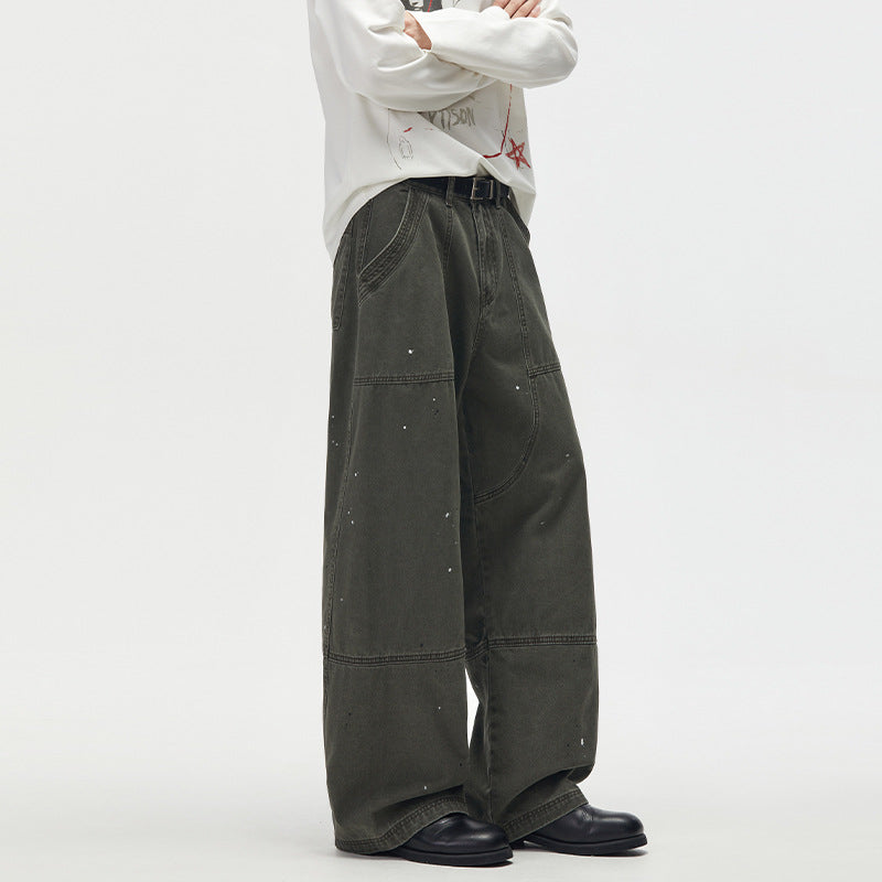 Baggy Cargo Pants Men – Olive Green Paint-Splatter Deconstructed Workwear