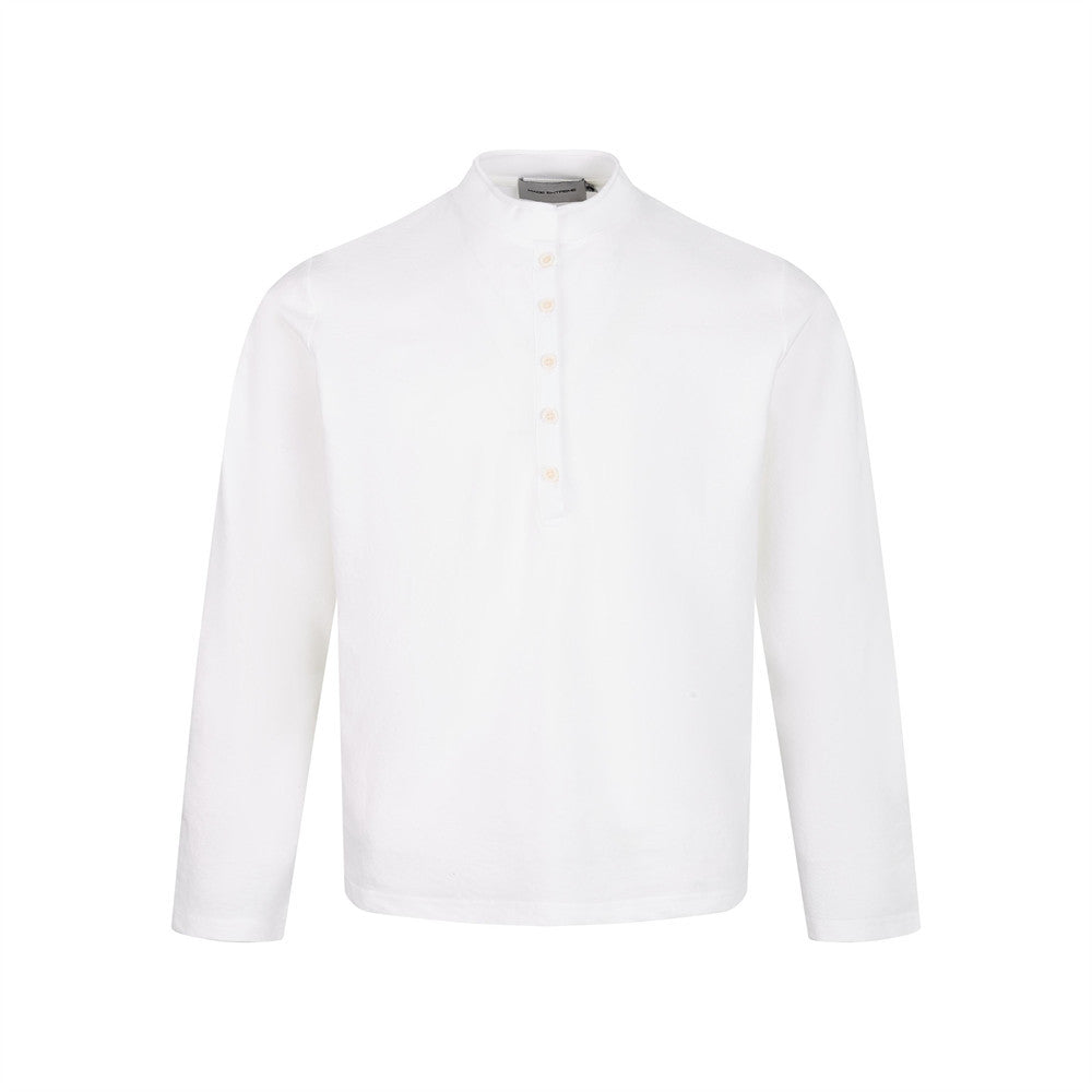Men's long sleeve mandarin collar half-button henley shirt in black, grey, and white