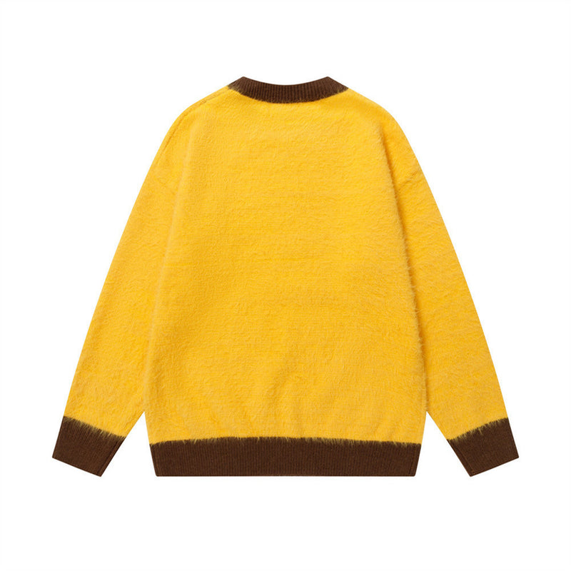Anime Cartoon Print Crewneck Fuzzy Sweater – Oversized Color-Block Knit Pullover