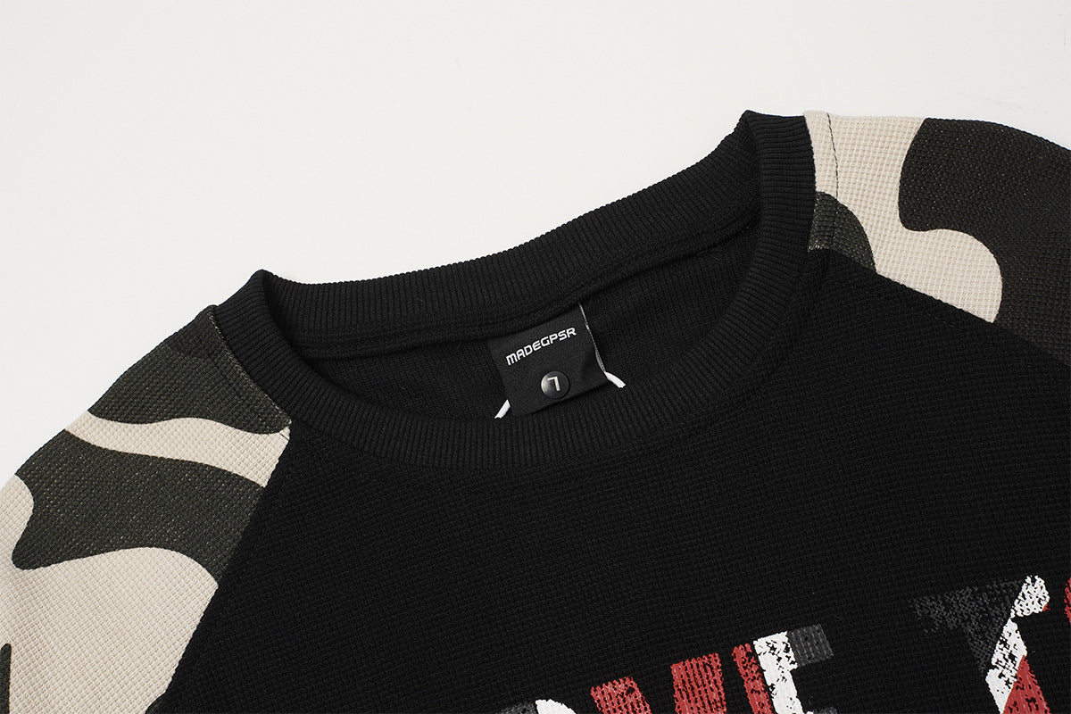 Baggy Long Sleeve Shirt – Camo Raglan Sleeves & Vintage Rock Graphic