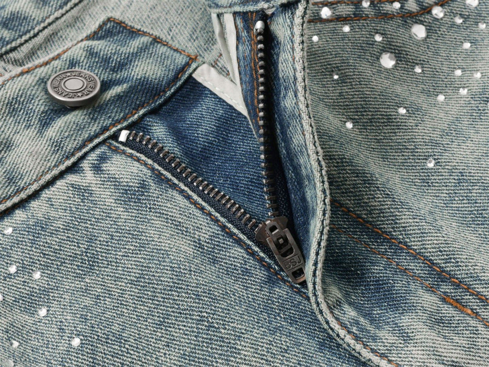 Men's Straight Leg Jeans with All-Over Rhinestone Embellishment – Wide Leg