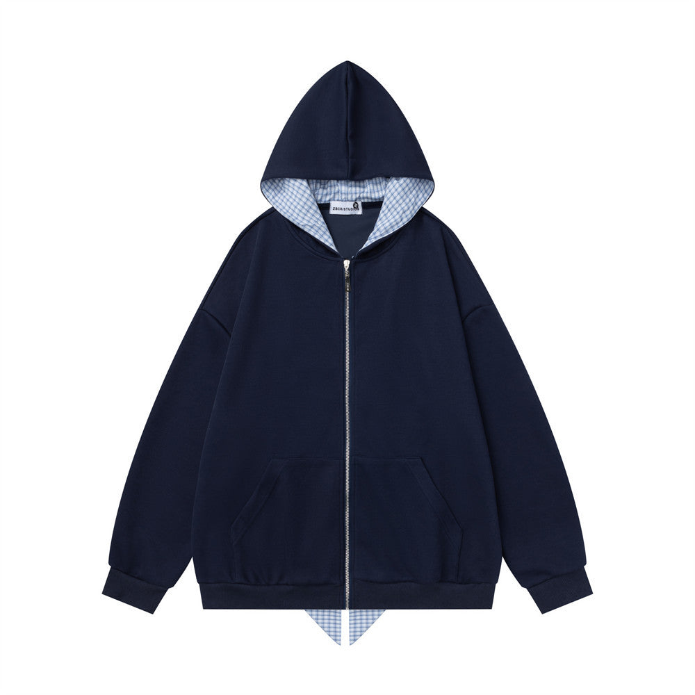 Oversized Zip-Up Hoodie with Plaid-Lined Hood – Relaxed Fit Streetwear