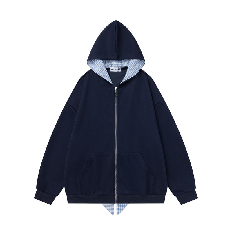 Oversized Zip-Up Hoodie with Plaid-Lined Hood – Relaxed Fit Streetwear