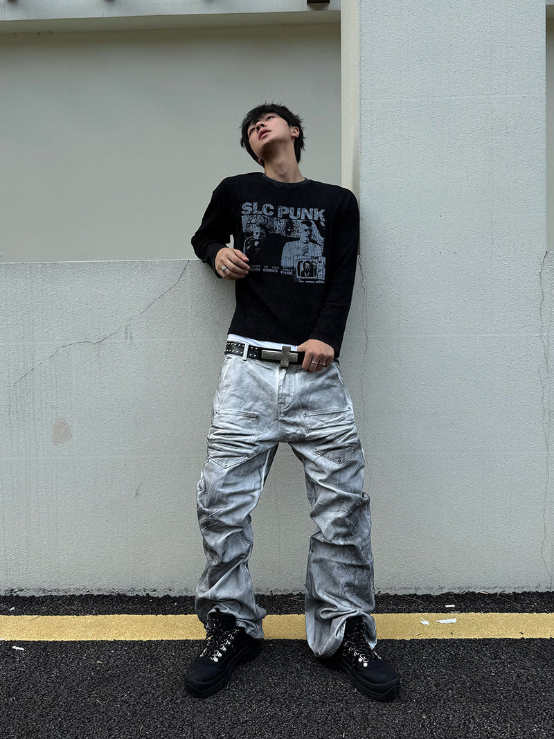 SLC Punk Langarmshirt aus Waffelstrick mit Grafikprint – Verwaschenes Schwarz