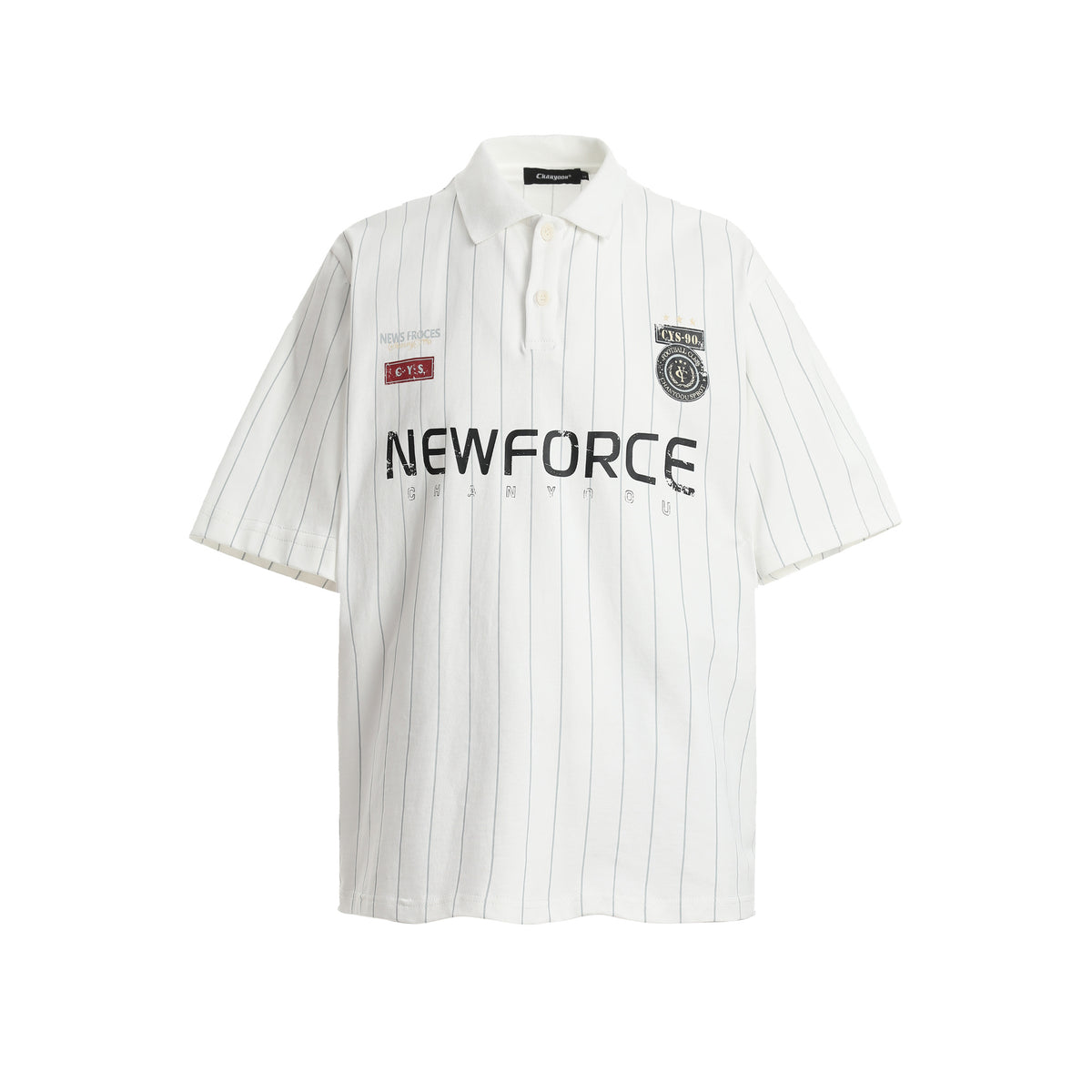 Men's oversized pinstripe polo shirt with NEWFORCE graphic print and embroidered badge, shown in off-white colorway