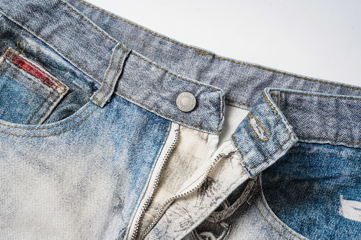Jean baggy à jambes larges avec imprimé 3D – Denim délavé à ourlet incurvé