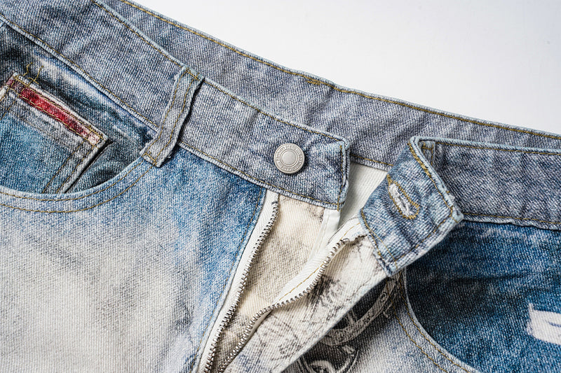 Jean baggy à jambes larges avec imprimé 3D – Denim délavé à ourlet incurvé