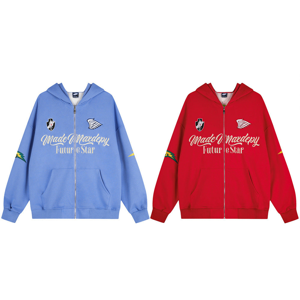 Embroidered Zip-Up Hoodie – Oversized Streetwear Varsity Style