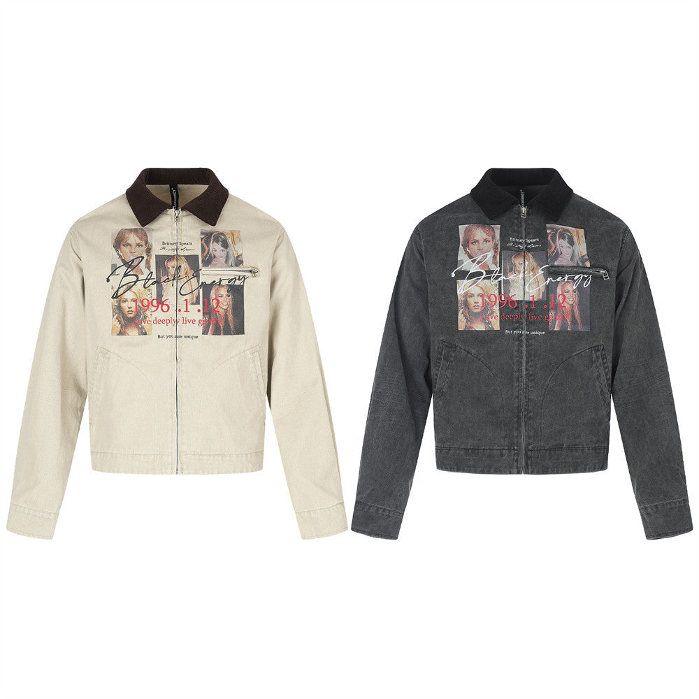 Two distressed zip-up jean jackets, beige and black, with brown collars and graphic chest print