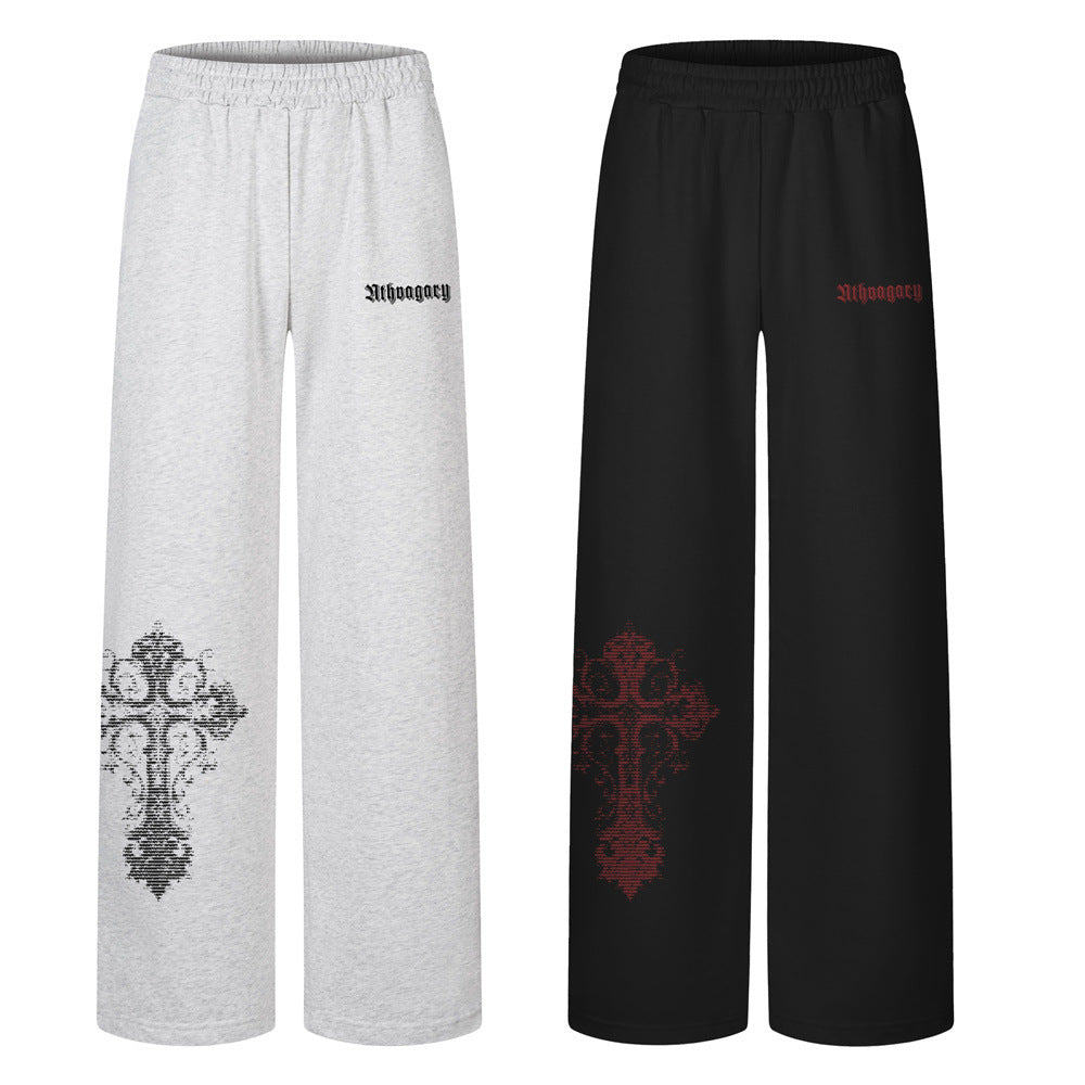 Sweatpants mit gotischem Kreuz-Print und weitem Bein – lockere Streetwear-Hose