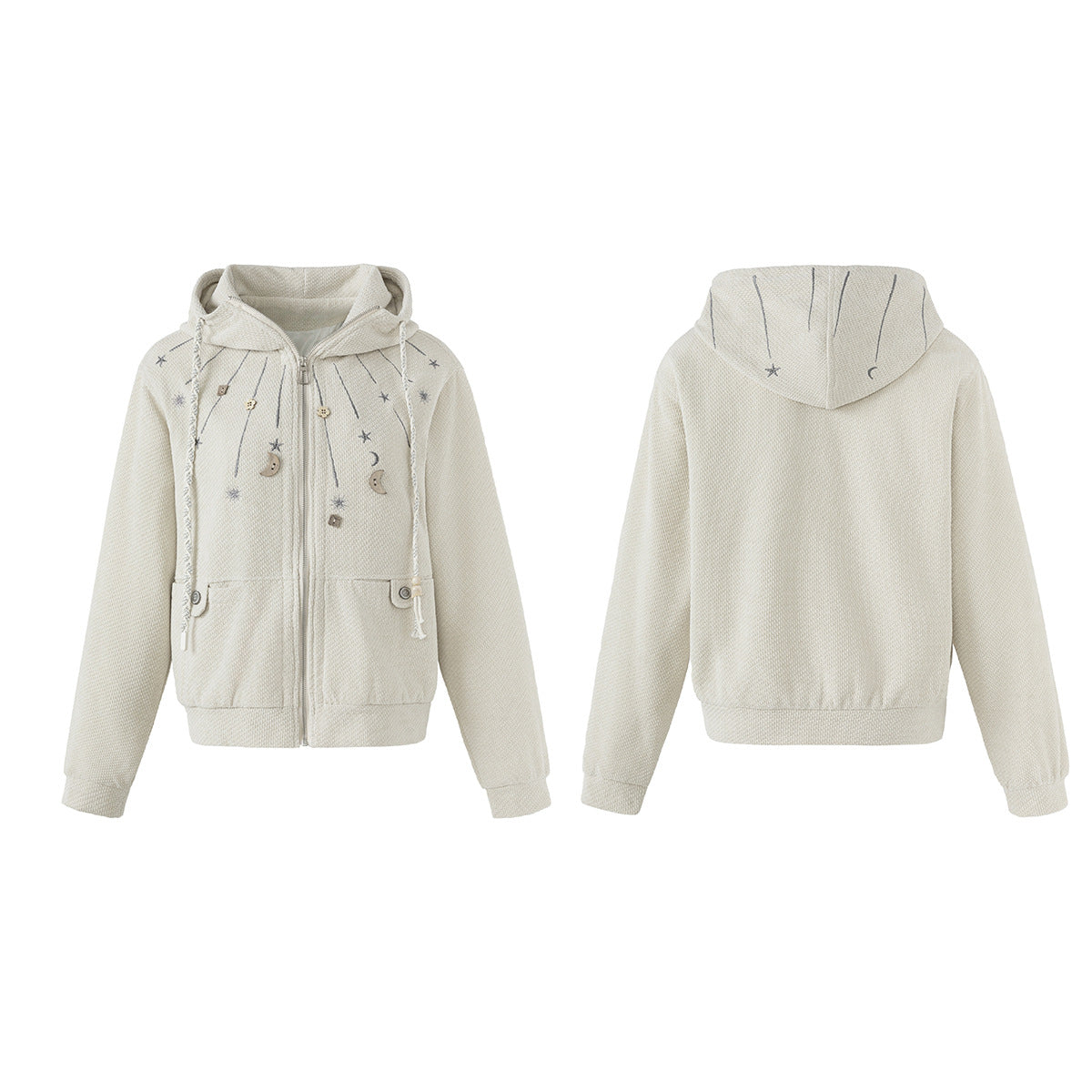 Almond grey waffle-knit zip-up hoodie jacket with celestial moon and star embroidery and hanging charm details, front and bac