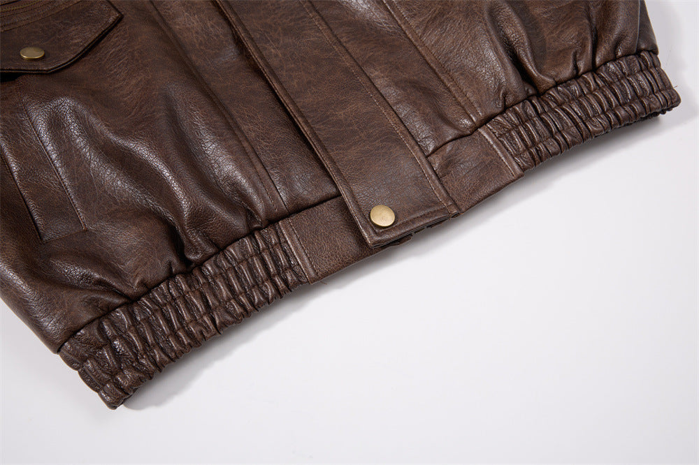 Vintage-Bomberjacke aus PU-Leder für Herren – Braun, Used-Look, mehrere Taschen, Moto-Stil