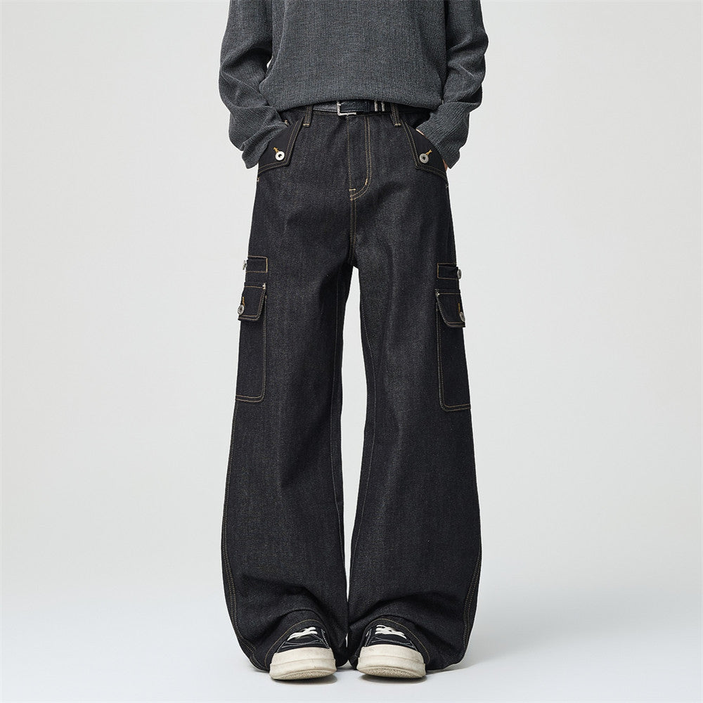 Men's black wide-leg cargo denim jeans with large flap pockets and golden topstitching, front and back view