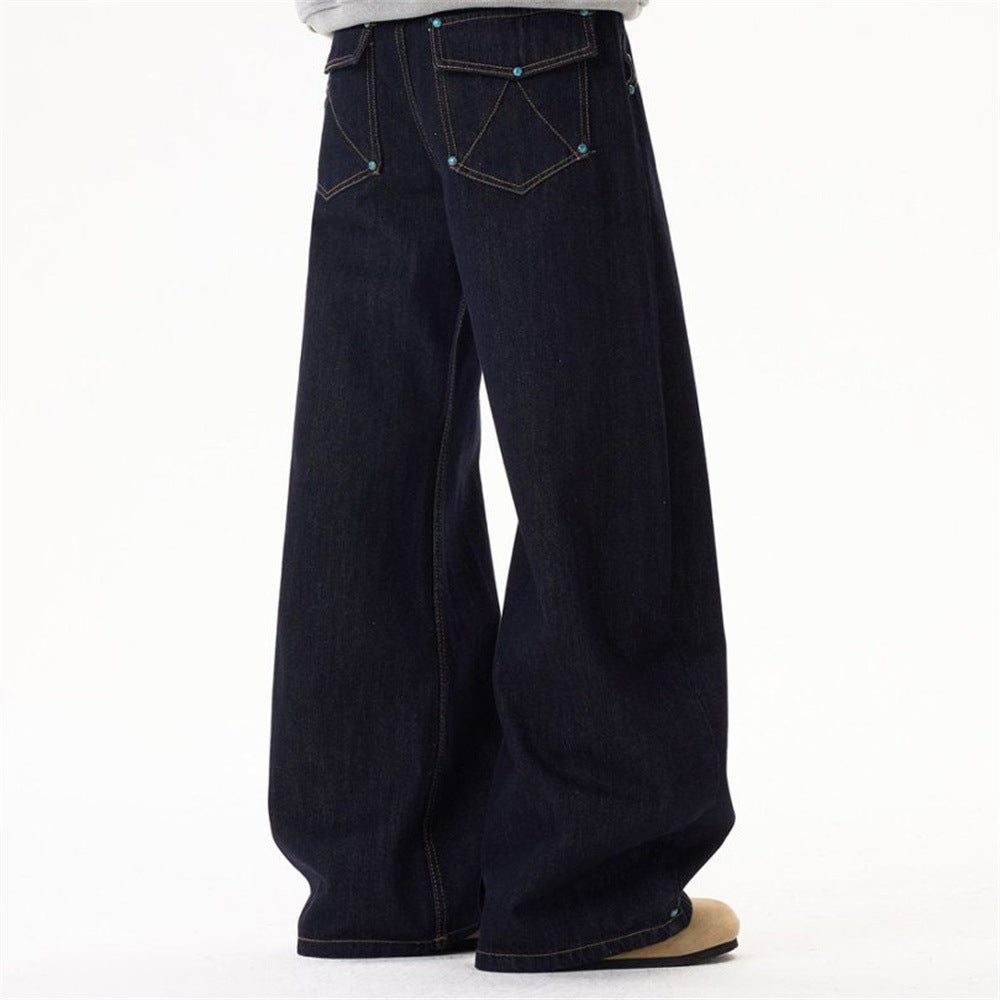 Wide-Leg Barrel Jeans – Turquoise Stud Detail, Curved Silhouette