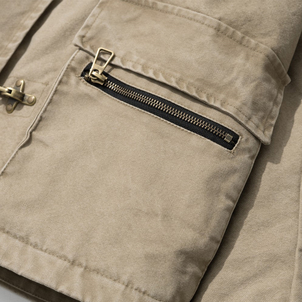 Men's Padded Canvas Jacket with Faux Fur Collar & Metal Toggle Closures