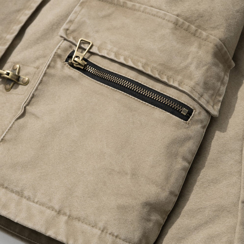 Men's Padded Canvas Jacket with Faux Fur Collar & Metal Toggle Closures