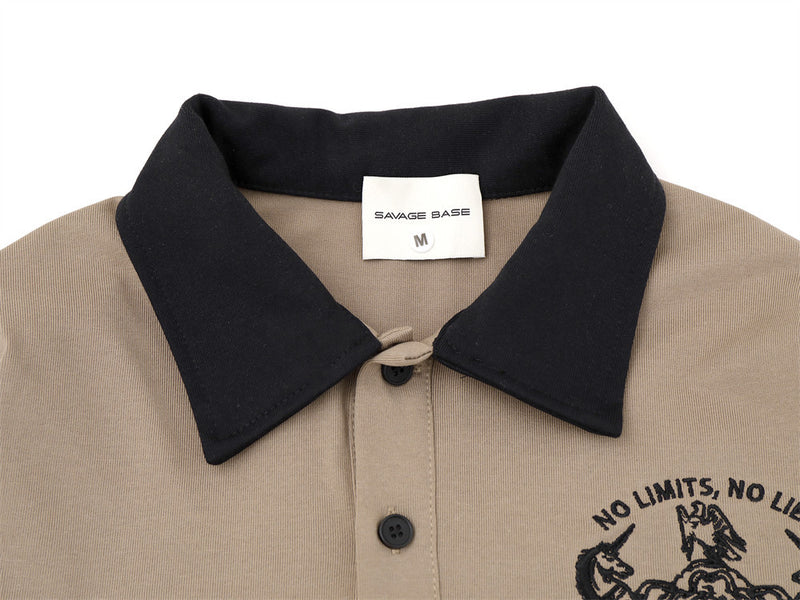 Close-up of khaki polo shirt collar, button placket, and chest graphic