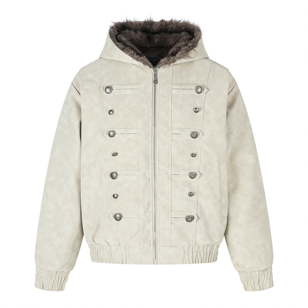 Men's Faux Fur-Lined Hooded Bomber Jacket – Double-Breasted PU Suede Winter Coat