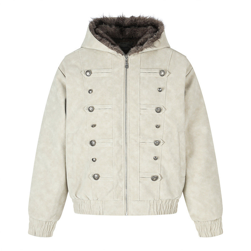 Men's Faux Fur-Lined Hooded Bomber Jacket – Double-Breasted PU Suede Winter Coat