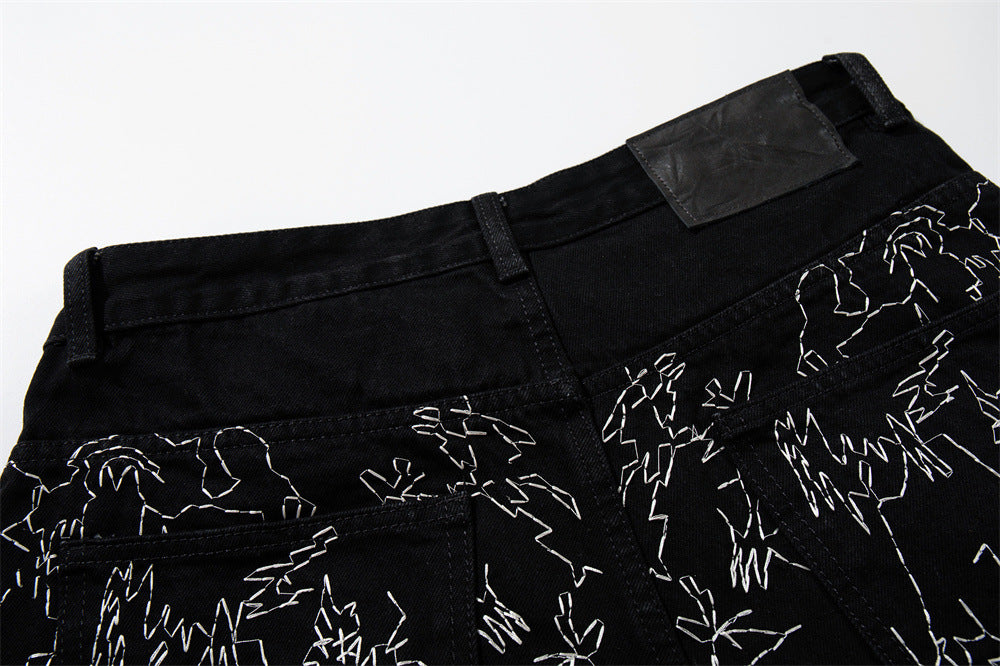 Wide-Leg Denim Shorts – All-Over Chaotic Stitch Embroidery, Hip-Hop Style