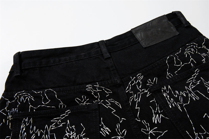Wide-Leg Denim Shorts – All-Over Chaotic Stitch Embroidery, Hip-Hop Style
