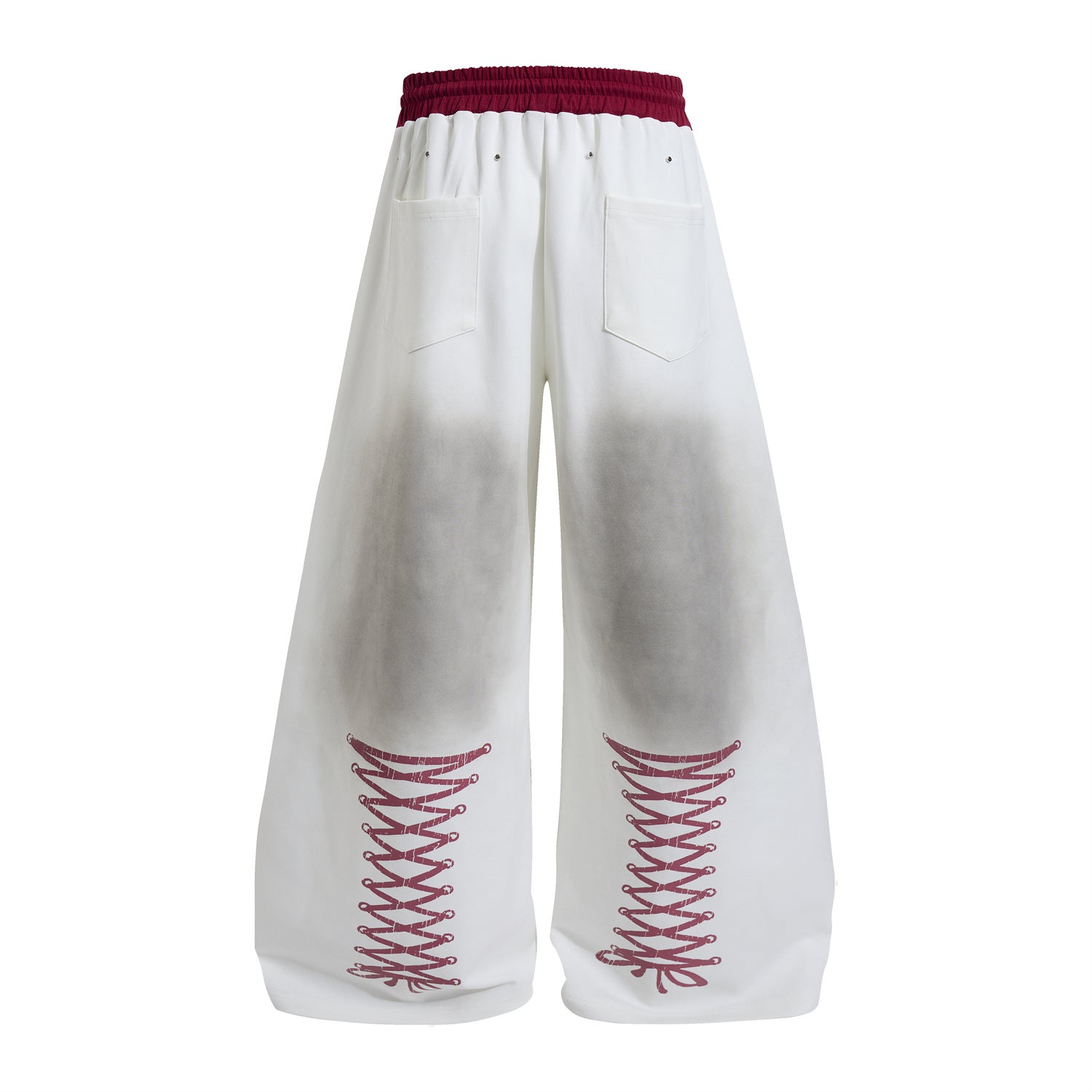 Wide Leg Acid Wash Sweatpants with Contrast Red Waistband & Graphic Print