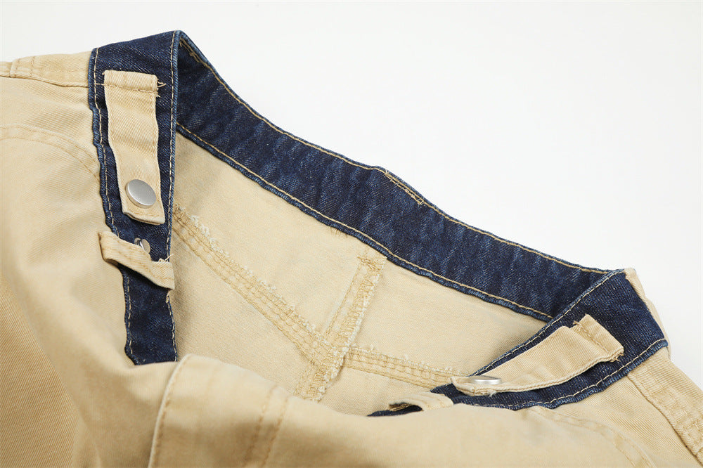 Herren-Cargohose in Khaki mit weitem, geradem Bein und kontrastierendem Denim-Bund