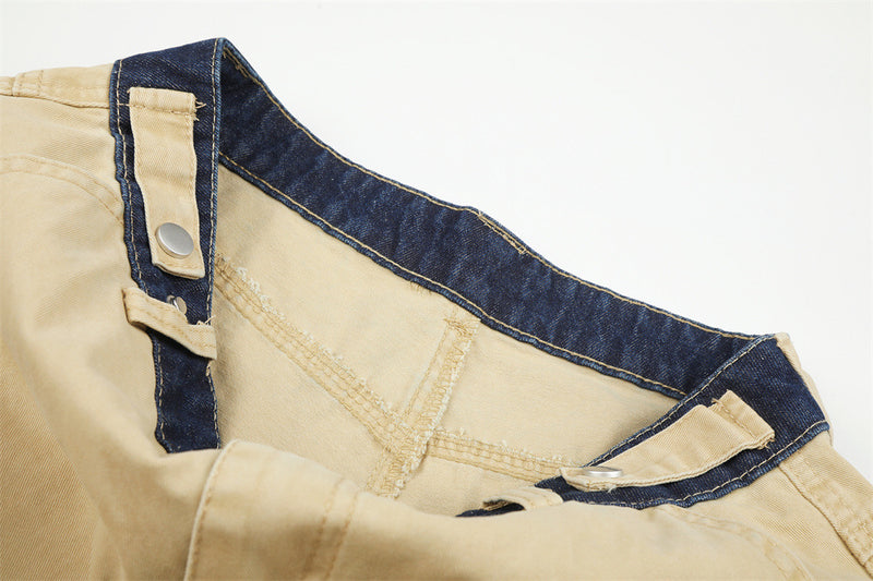 Herren-Cargohose in Khaki mit weitem, geradem Bein und kontrastierendem Denim-Bund