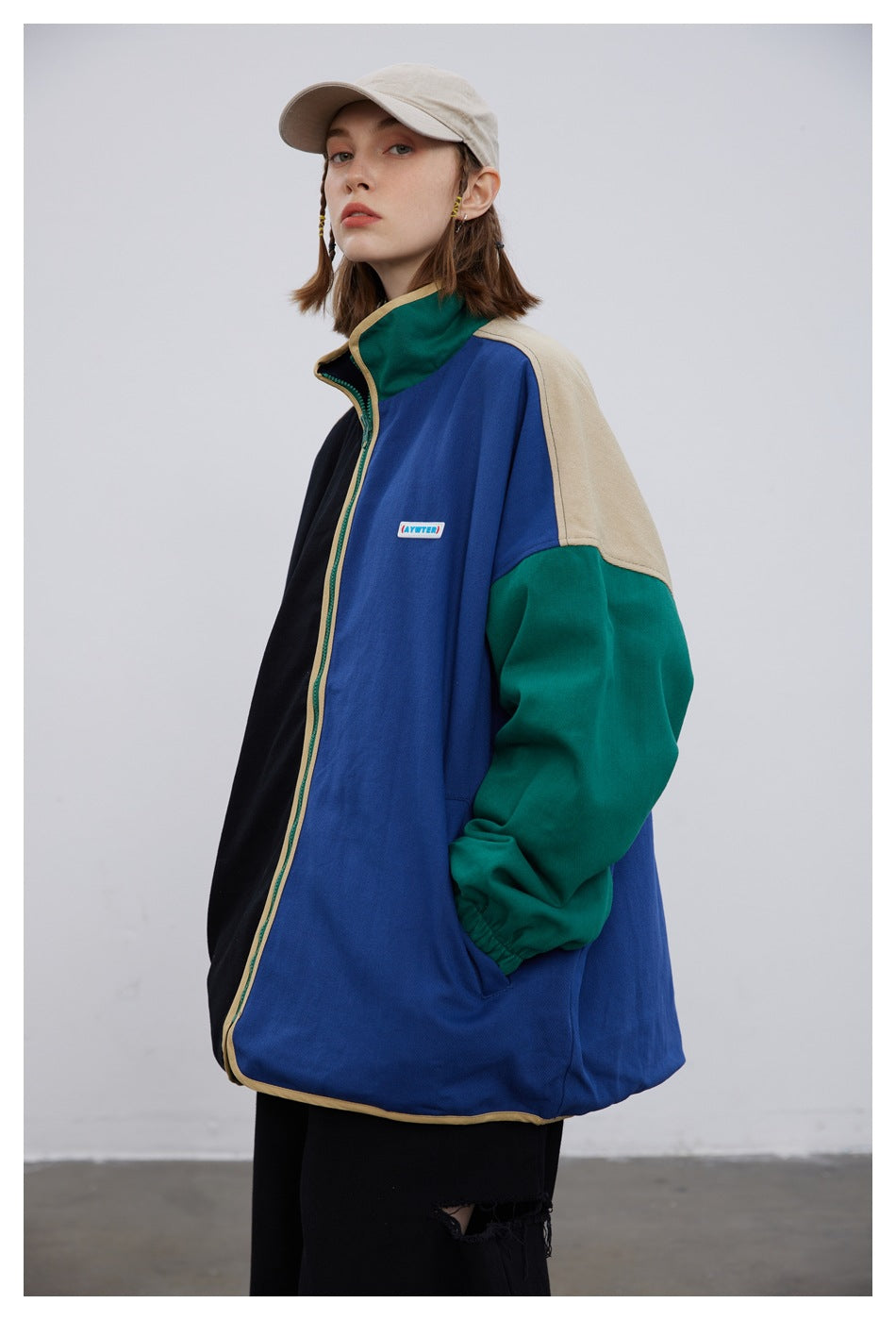 Colorblock Reversible Zip-Up Jacket — Stand Collar, Oversized Fit