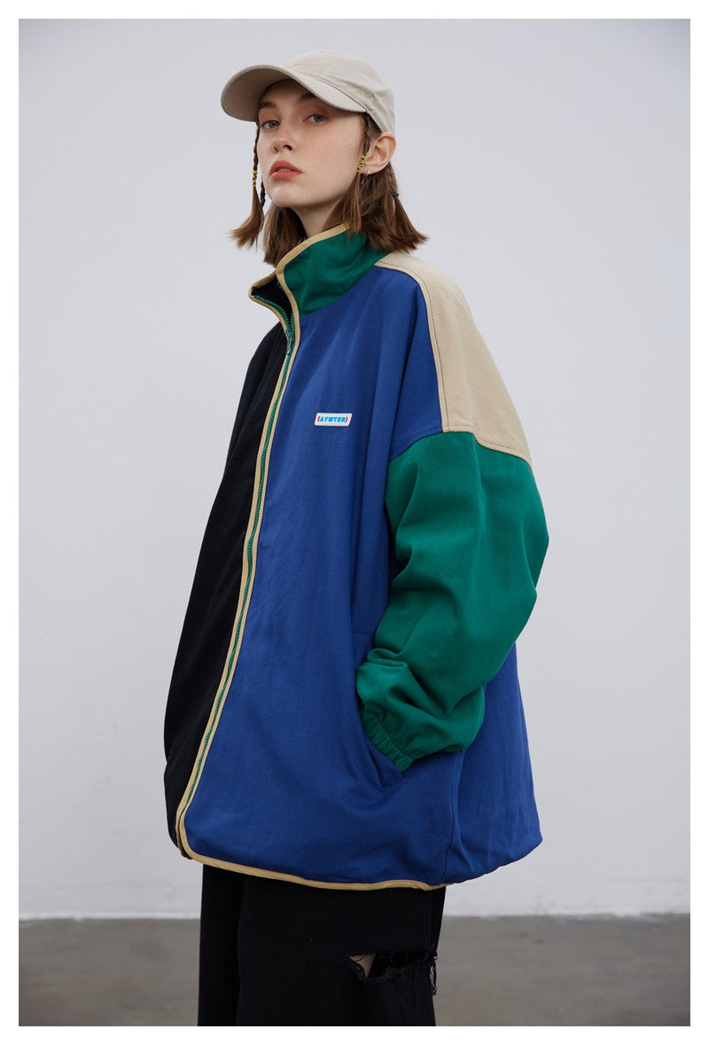 Colorblock Reversible Zip-Up Jacket — Stand Collar, Oversized Fit