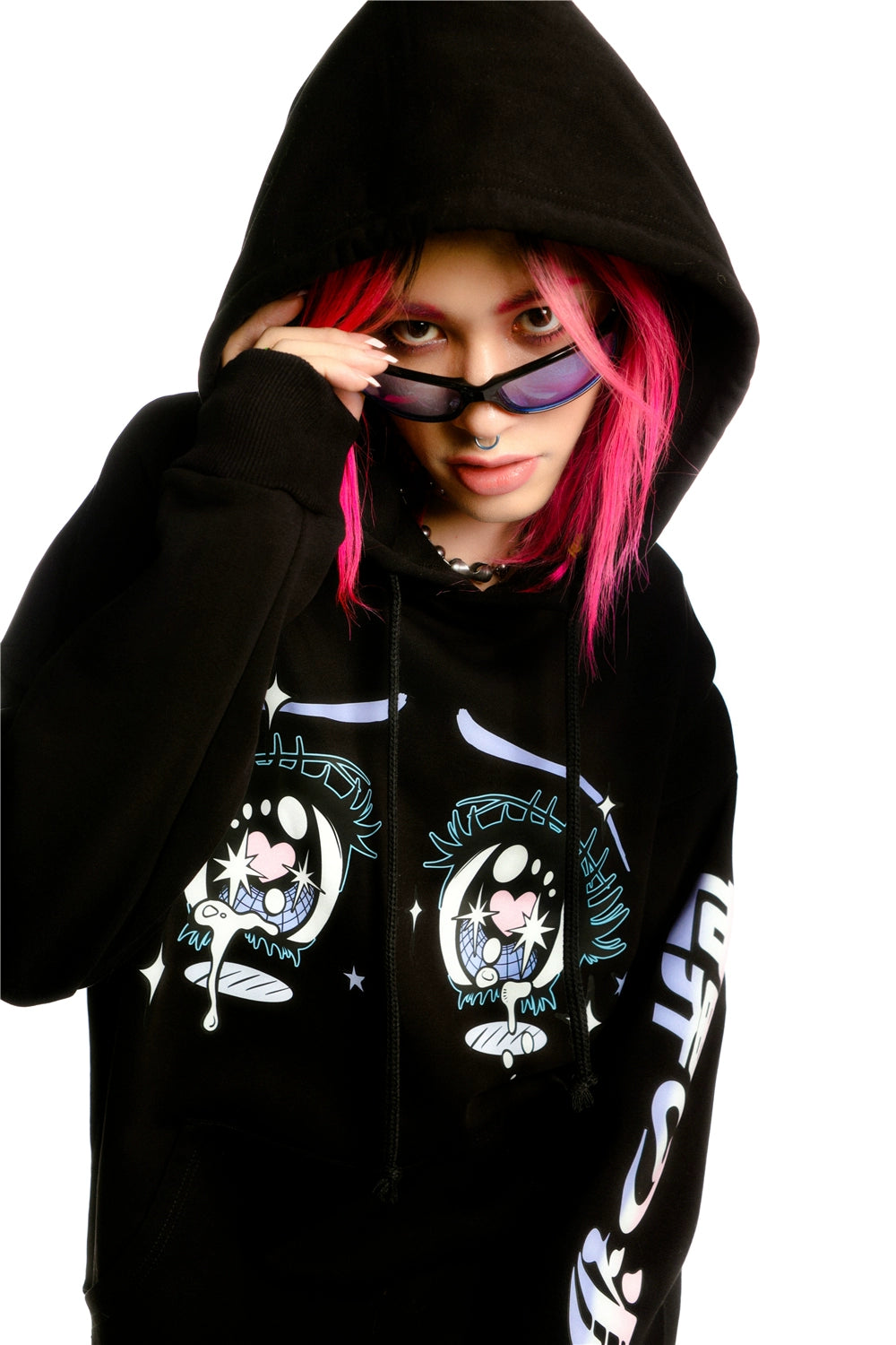 Kawaii Aesthetic Crying Eyes Hoodie – Pastel &amp; Dark Anime Pullover with Sleeve Graphics