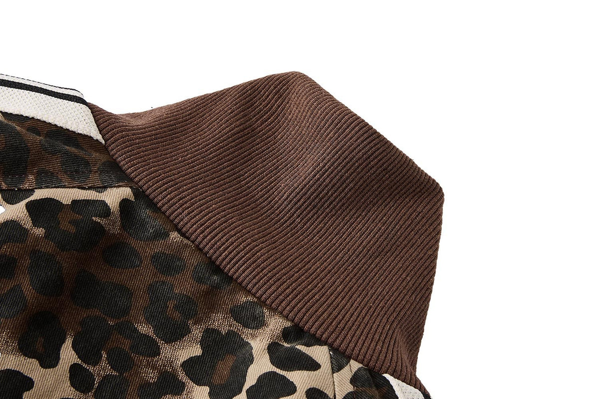 Leopard Print Track Jacket with Striped Sleeve Tape and Mock Neck Zip
