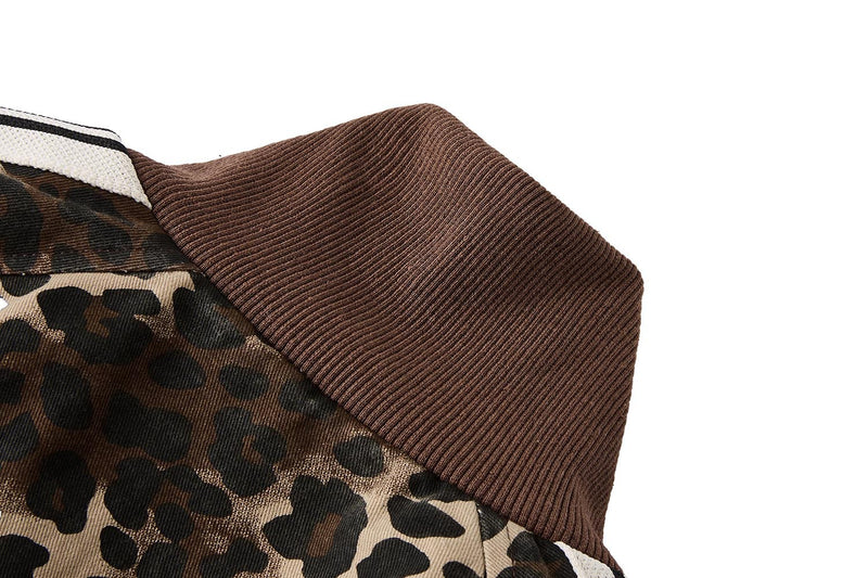 Leopard Print Track Jacket with Striped Sleeve Tape and Mock Neck Zip