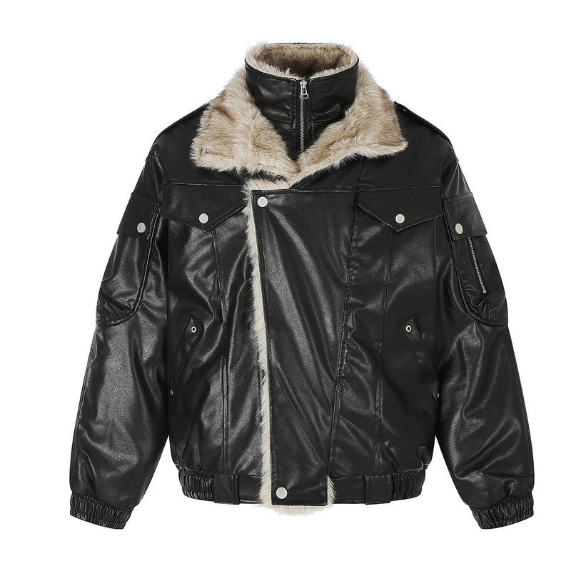 Faux Leather Fur-Lined Bomber Jacket – Cold Weather Motorcycle Jacket with
