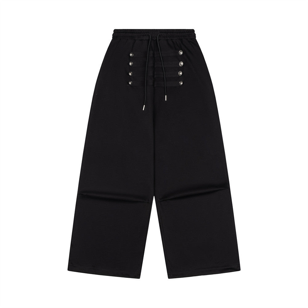 Men's Wide-Leg Sweatpants with Double-Row Metal Buttons & Drawstring Waist