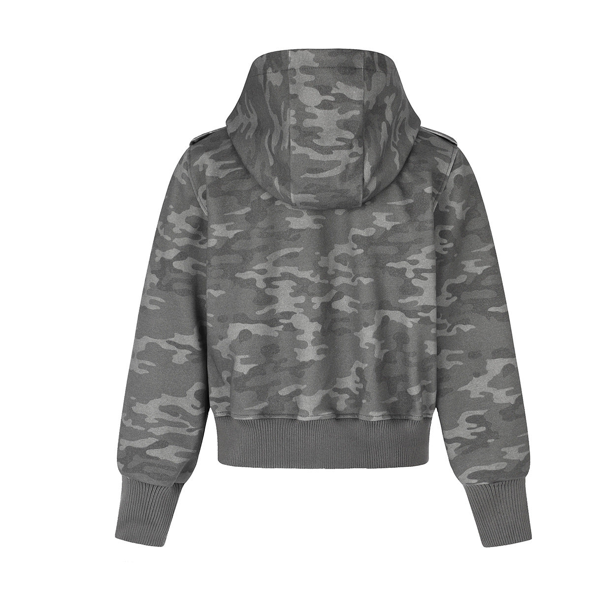 Military-Style Zip-Up Hoodie Jacket with Star Studs & Camo Print