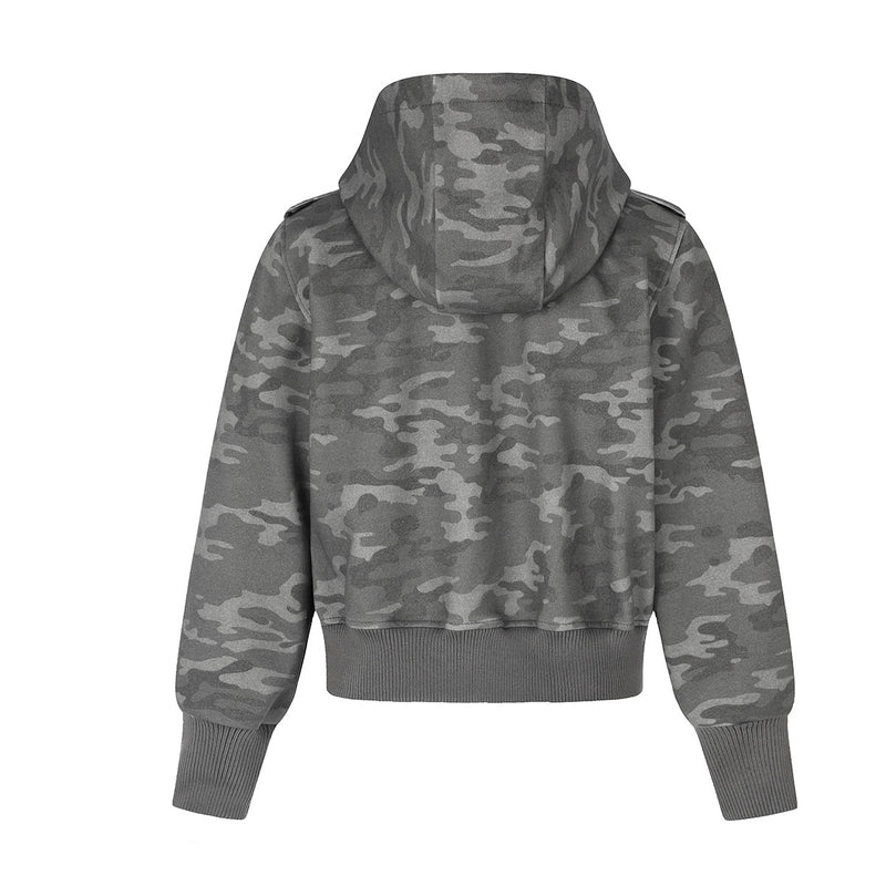 Military-Style Zip-Up Hoodie Jacket with Star Studs & Camo Print