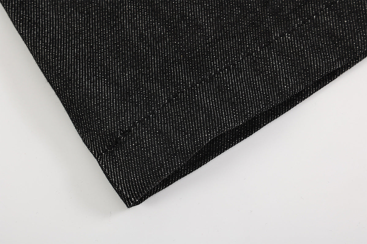 Wide Leg Jeans with Star Embroidery & Diagonal Waistband — Black Raw Denim