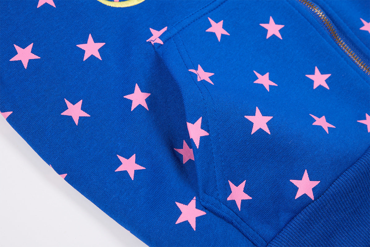 Hoodie zippé à motif étoiles, capuche bordée de fausse fourrure et motif « I ♥ Me »