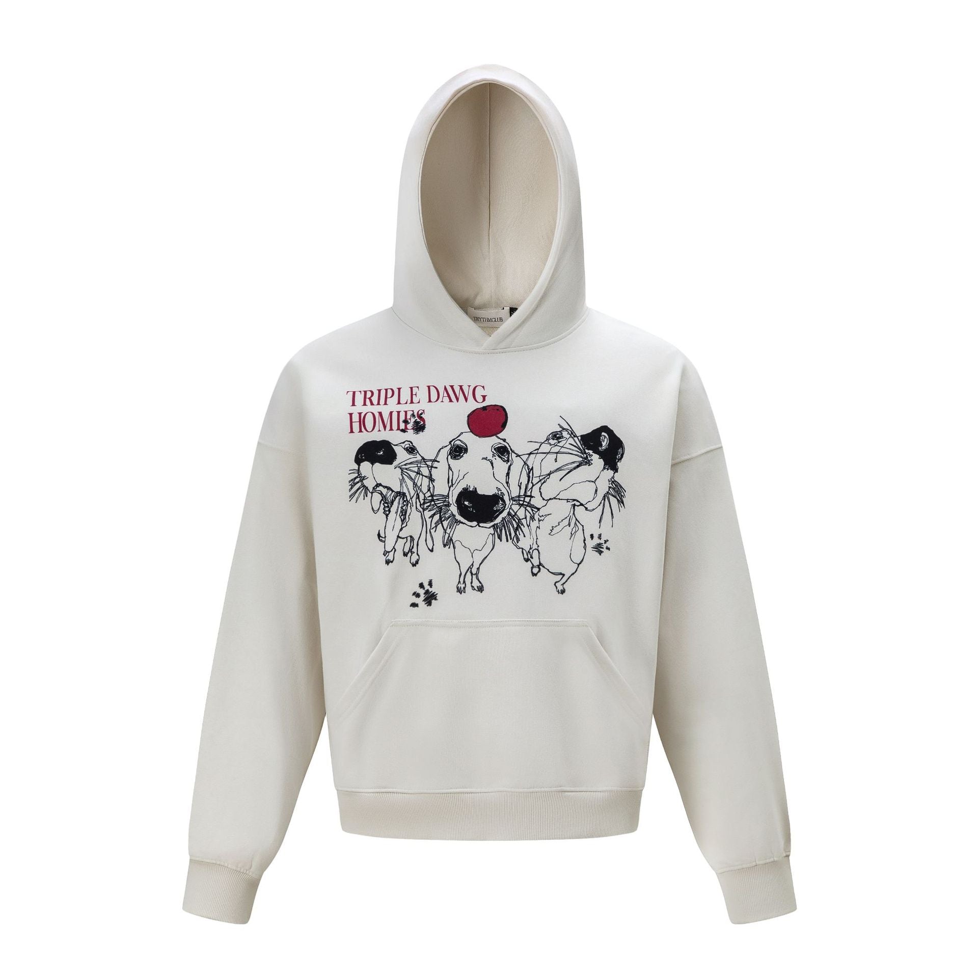 Triple Dawg Homies oversized graphic hoodie in cream white with three dogs ink illustration on chest