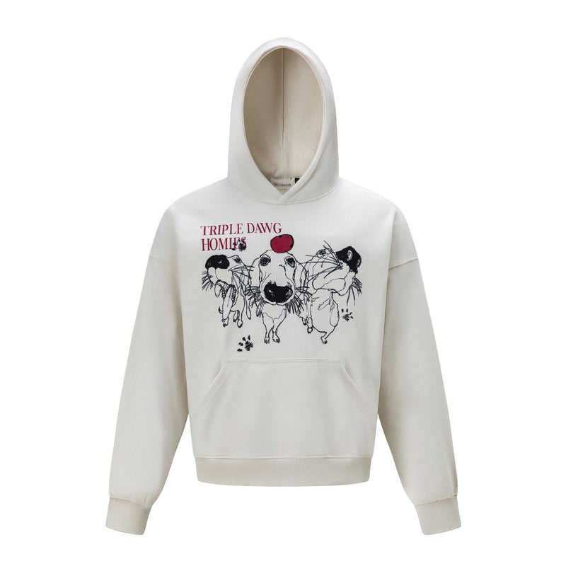 Triple Dawg Homies oversized graphic hoodie in cream white with three dogs ink illustration on chest
