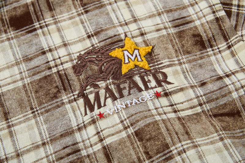 Plaid Flannel Shirt Jacket with Vintage Cartoon Embroidery – Washed Oversized