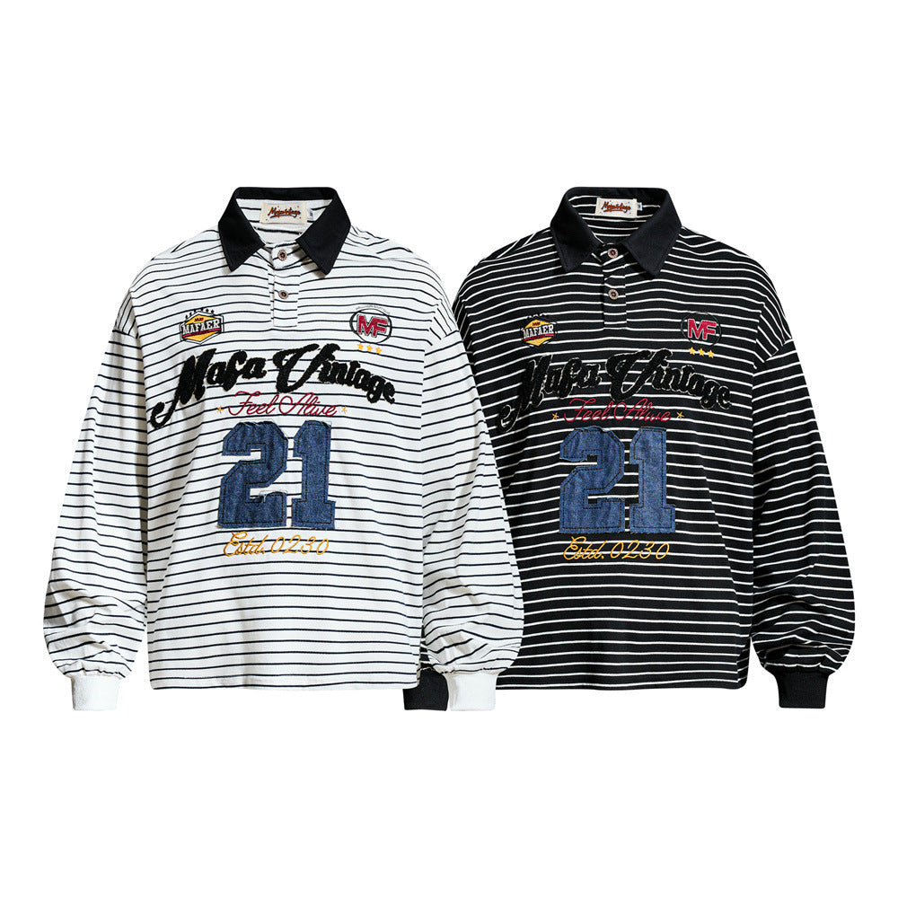 Striped Long Sleeve Shirt Mens Polo — Varsity Embroidery, Relaxed Fit