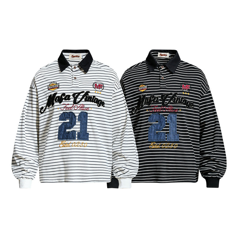 Striped Long Sleeve Shirt Mens Polo — Varsity Embroidery, Relaxed Fit
