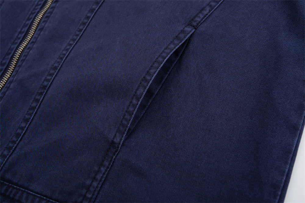 Men's Vintage Washed Stand-Collar Zip Jacket with Deconstructed Panel Seaming