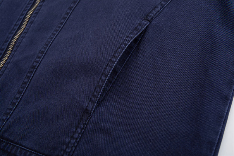 Men's Vintage Washed Stand-Collar Zip Jacket with Deconstructed Panel Seaming